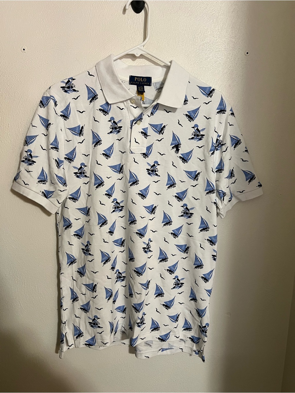 POLO RALPH LAUREN Sailing Polo Bear Classic Polo Shirt White Blue Boy's Size XL